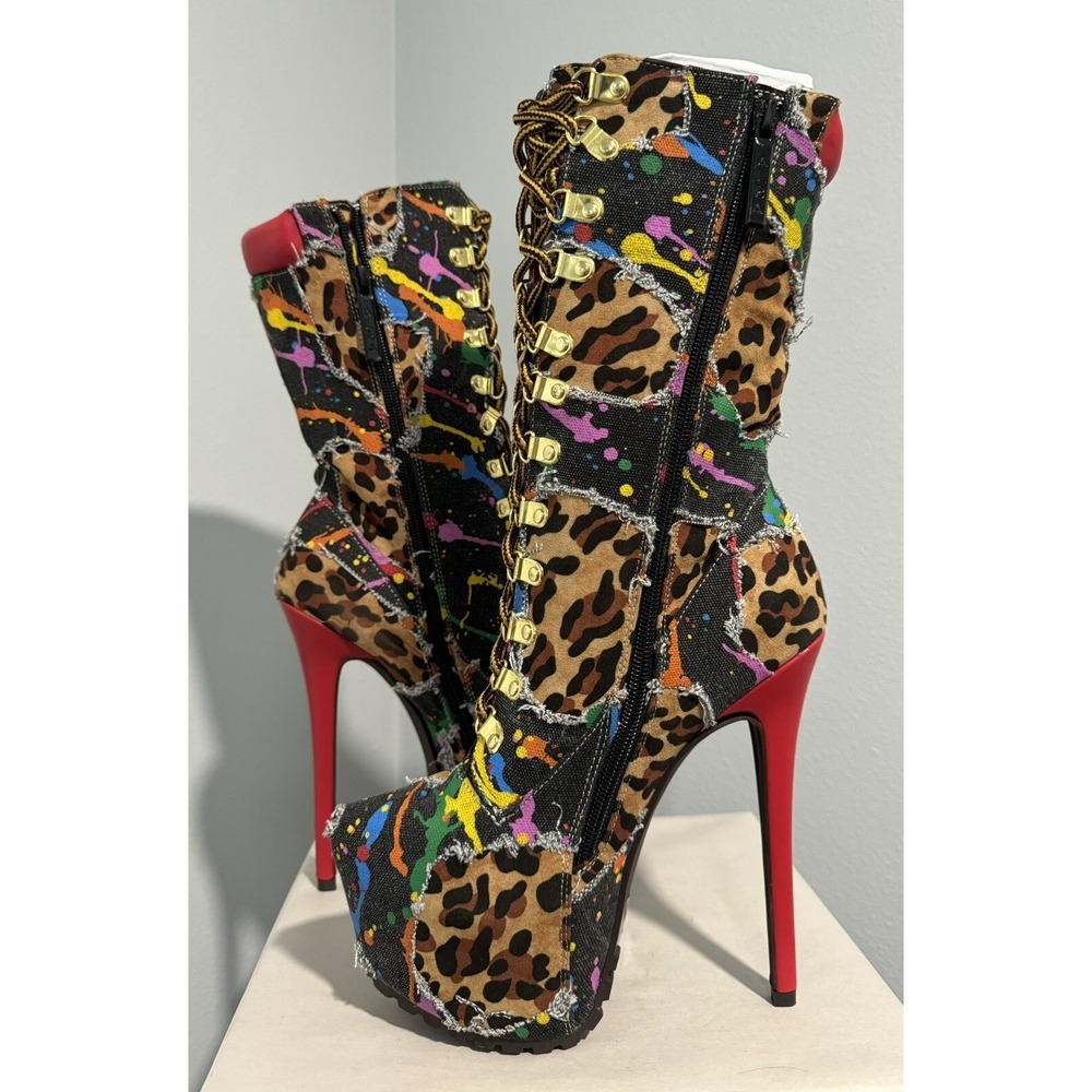 Alba Womens Printed D-Ring Lace Up Stiletto Pointy Mid Calf Platform Booties 7 - Picture 6 of 10